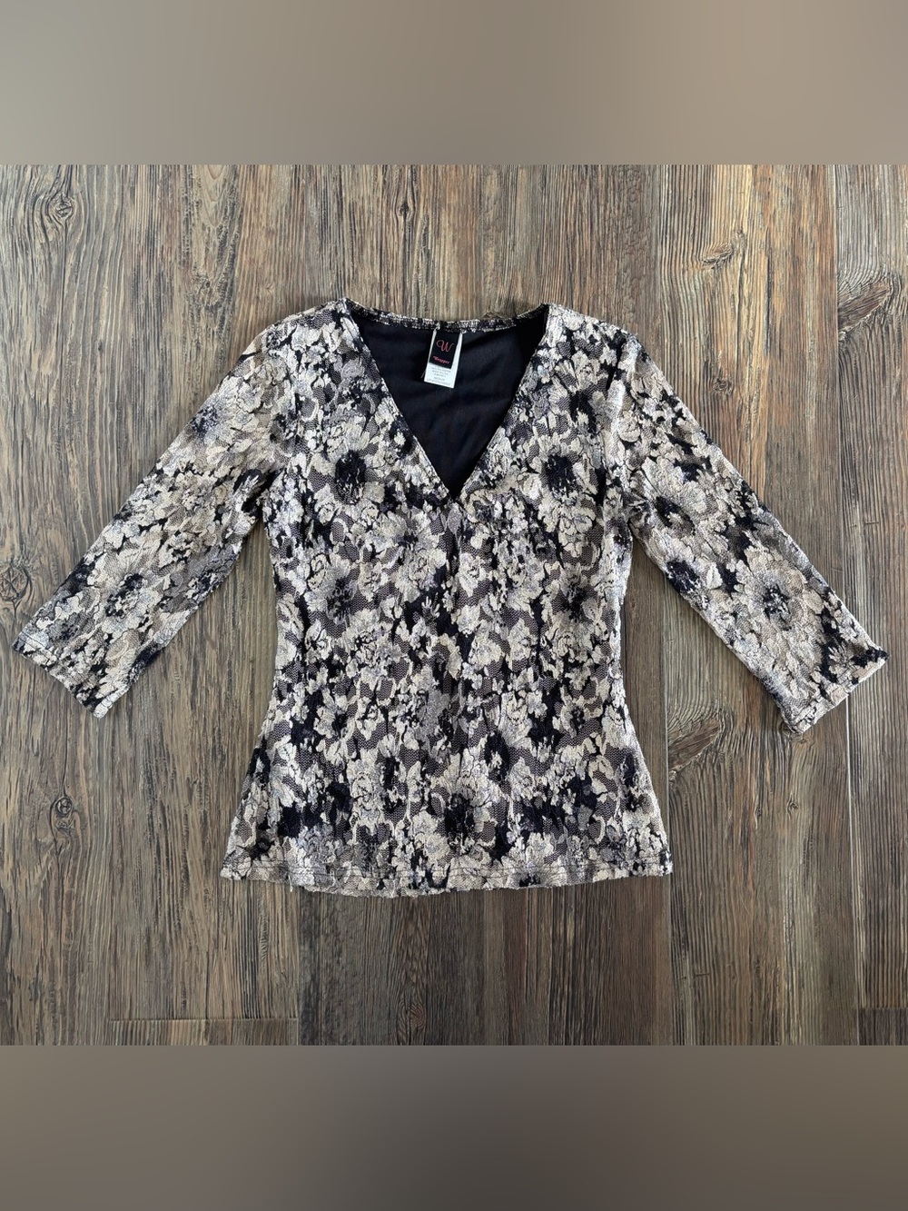 Wrapper Nightfall Mesh 3/4 Sleeve V-Neck Top Womens M Ivory Black Silver Specks